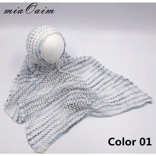 3colors/Lot Wrap and Hat Full Set Newborn Photo Prop Stretchy Knit Wrap Infant Knitted Baby Hat Swaddle Wrap Photography Blanket