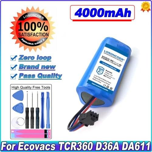 LOSONCOER 4000mAh Battery For Ecovacs TCR360 D36A/B/C/E DA611 DB35 DA60 Battery