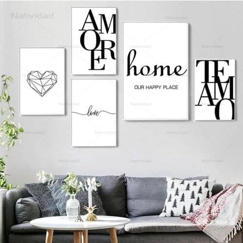 Nordic Quote Words Poster Love Amore Minimalist Wall Art Pictures for Living Room Home Decor Black and White Canvas Painting