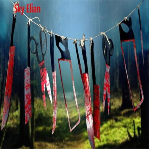 Halloween Decorations Haunted House Scene Blood Knife Layout Hanging Flag Horror Props Ornaments 5z