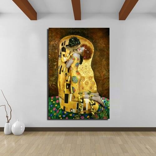 JQHYART Canvas Art Wall Pictures For Living Room Gustav Klimt Sytle The Kiss Photo Oil Painting Home Decor Printed