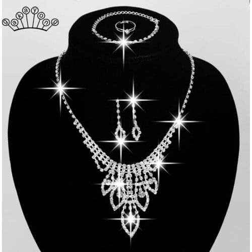 4pcs/set Crystal Bridal Jewelry Sets for Women Silver Color Rhinestone Earrings/Bracelet/Rings Necklace Wedding Party Gift