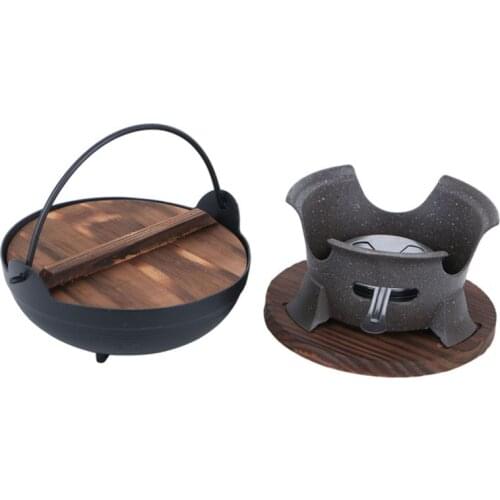 4pc wooden hot pot set Sukiya chafing dish holder adjustable alcohol stove windproof 18cm Kanto cooker heater Buffet Warmer