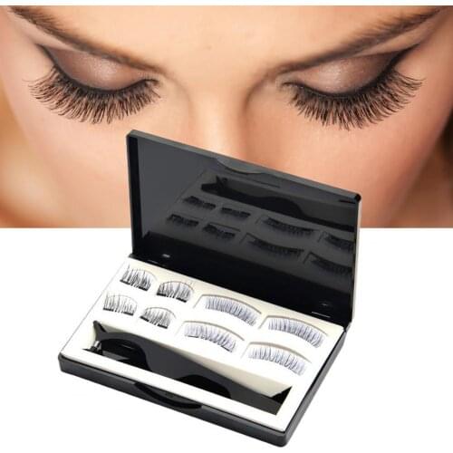 4 Pairs False Eyelashes Natural Handmade Reusable Magnetic False Eyelashes Extension Sets Tweezers Lashes Curler