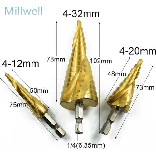 1 Set-3PCS Free shipping Spiral groove step drill bit group 4-32,4-20,4-12 mm titanium-plated hexagonal reaming drill pagoda