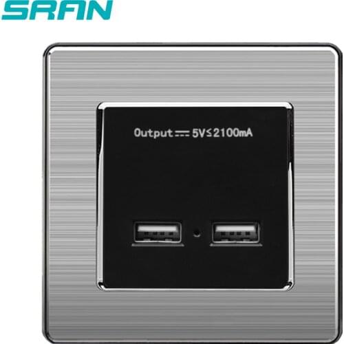 SRAN wall power socket dual USB Smart Induction Charging Port For Mobile 5V 2.1A Output Stainless Steel Panel