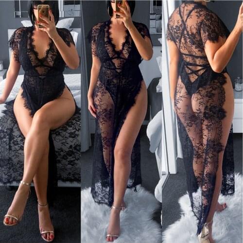 New Women Homewear Sexy Black Eyelash Lace Mesh High Slit Transparent Nightgowns Summer Erotic Lingerie Babydoll Dress Sex Night