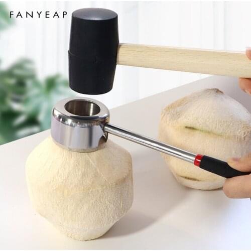 Coconut Opener Tool Set Food Grade Stainless Steel Opener Coconut Meat Tool Wooden Handle Hammer Easy To Use Durable
