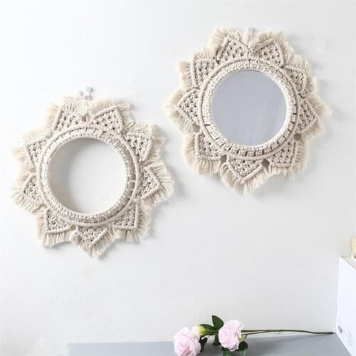 Nordic Macrame Hanging Wall Mirror Boho Round Make Up Mirror Apartment Room Art Ornament Dorm Entryways Decoration