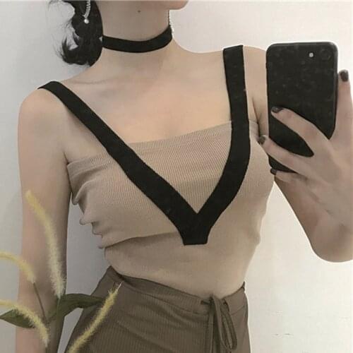 Retro Korean Style Simple All-match Hit Color Knitted Suspenders Slim Slimming Stitching Bottoming Shirt Vest Women