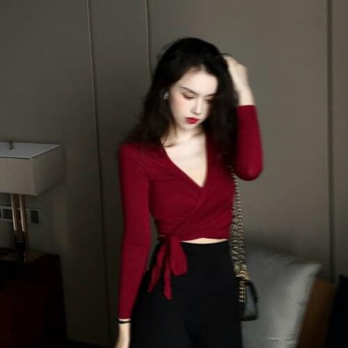 Sexy Slim V-neck T Shirt Womens Cross Knotted Crop Tops Fashion Casual Solid Long Sleeve T-shirts