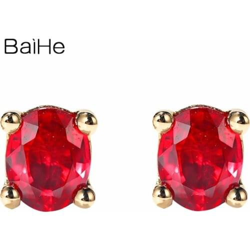 BAIHE Solid 14K Yellow Gold Oval cut 0.80ct Natural Rubis Engagement Party Trendy Fine Jewelry ruby Stud Earrings for women