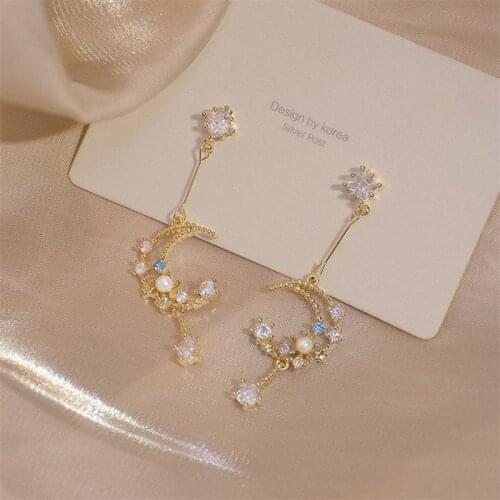 Rhinestone Pave Moon and Star Earrings Celestial Crescent Charming North Star Drop Earrings Gift Pearl Tassel Starburst L39DKI