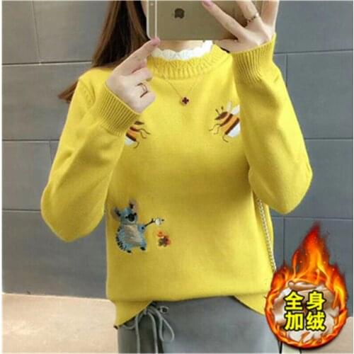 Knitted Turtleneck Women Autumn Winter 2021 New Korean Sweater Plus Velvet Thick Long Sleeve Jumper Yellow Pink Pullover Tops
