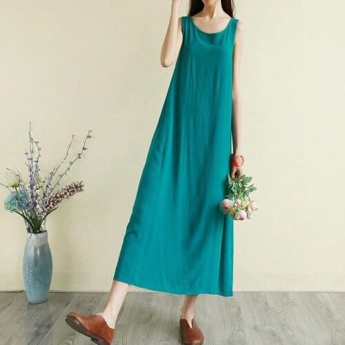 Spring And Summer Retro Literary Pure Color Cotton Vest Dress Super Long Temperament Long Skirt Loose Sleeveless Bottoming Skirt