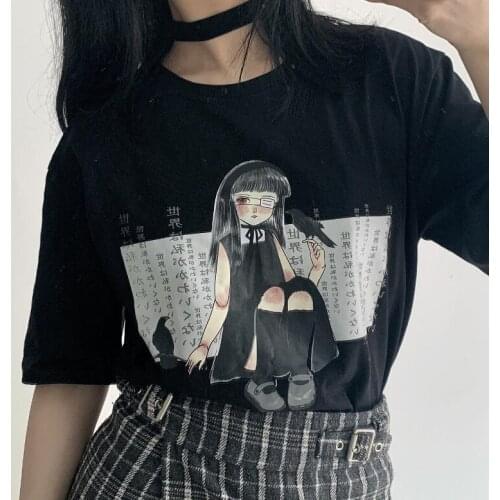 Crow Girl Round Neck Loose Dark Black Boxed Black Japanese Womens Short Sleeve T-shirt LOLITA SHIRT TBGW01
