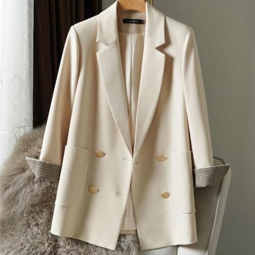S-2XL Fashion Autumn Women Blazers Notched Double Breasted Jacket Loose Casual Jackets Plaid Cuffs Work Wear Coat 7300937