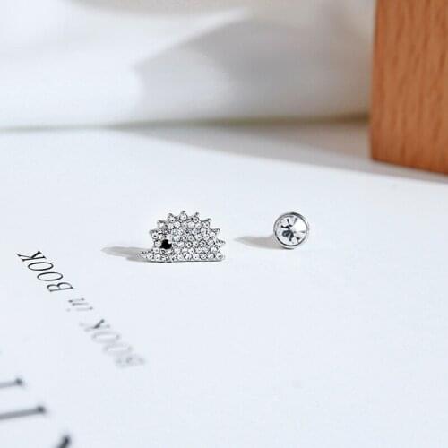 BALANBIU Cute Little Hedgehog Stud Earrings For Women Asymmetric Delicate Crystal Animal Ear Pins New Fashion Jewelry Wholesale