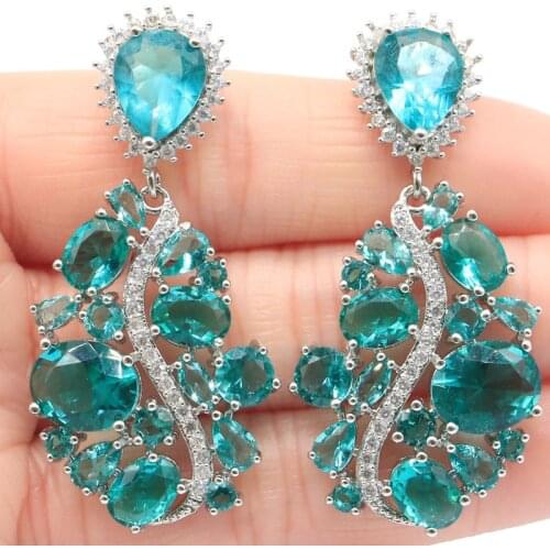 38x22mm Beautiful Created Pink Tourmaline Aquamarine White CZ Ladies Wedding Silver Earrings