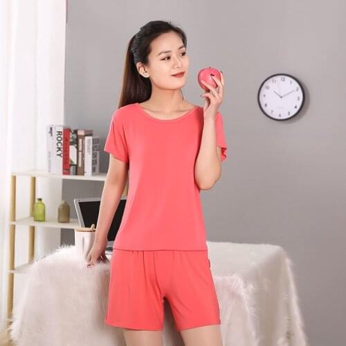 2021 Summer Cotton Pajama Sets Women Casual Two Pieces Short Sleeve T Shirts and High Waist Short Pants Solid Lounge Wear X218