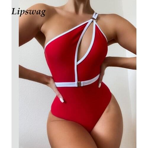 2021 Women Sexy Hollow Out Waist Belt Bikini Swimwear One Piece One shoulder Swimsuit Push Up Summer Female Bodysuit Beach Wear
