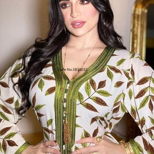 Leaf Print Maxi Dresses Jalabiya Women Ribbon Patchwork V Neck Full Sleeve Loose Fashion Middle East Islam Clothing Turkey Dubai