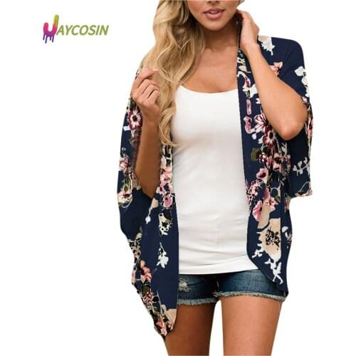 2021 Women Chiffon Floral Kimono Beach Cardigan Short Tops Summer Bikini Cover Up Swimwear Long Sleeve Summer Female Casual