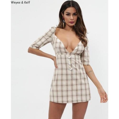 Fashion Deep V-neck Button Hip Slim Plaid Mini Dress Women 2020 Cotton Vintage Dress Robe Femme