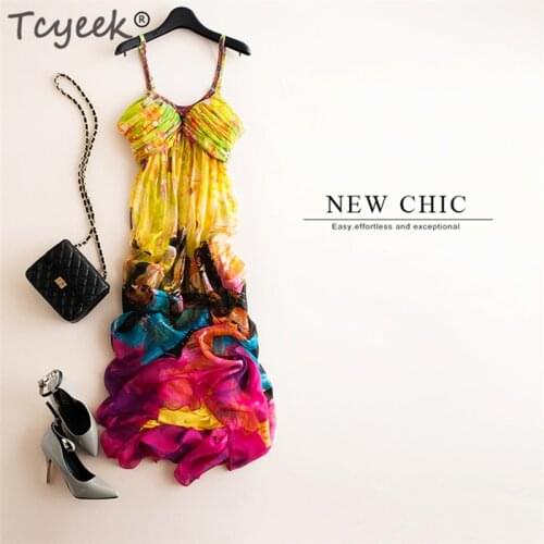 Tcyeek Vintage Floral Real Silk Dress Women Sexy Strapless Long Dresses Summer Beach Party Elegant Ladies Dresse Vestidos Verano