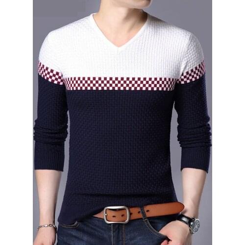 2019 Autumn Winter Warm Wool Sweaters Casual Hit Color Patchwork V-neck Pullover Men Brand Slim Fit Cotton Sweater