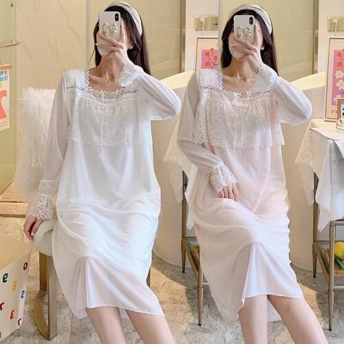 2021 Autumn Modal Long Sleeve Sexy Lace Long Dress Nightgowns For Women Korean Sleepwear Home Dress Night Gown Nightdress Nighty