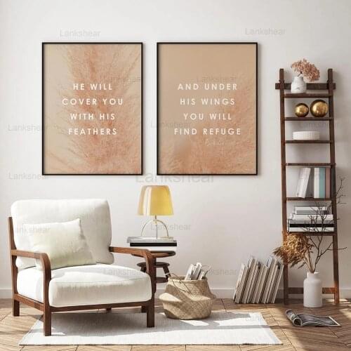 Bible Verse Psalm 91:4 Poster Canvas Art Prints Pampass Grass Scripture Christian Quotes Canvas Painting Wall Art Home Decor