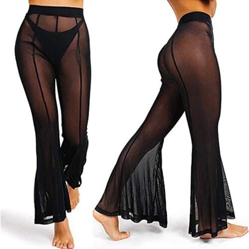 Fashion Women Sexy Beach Mesh Sheer Pants women autumn winter slim Flare pants high waist trousers high street style pants