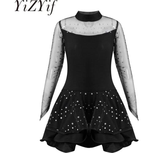 Kids Girls Mesh Long Sleeves Gymnastics Leotard Sequins Ballet Latin Dancewear Figure Skating Dress Stage Performance Costume