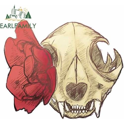 EARLFAMILY 13cm x 10.9cm for Cat Skull and Rose DIY Motorcycle Car Stickers Waterproof Decal Suitable for VAN RV SUV Vehicle