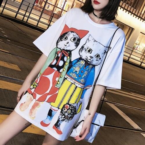 EasyCore White Half Sleeve Mrs Cat Big Cartoon Loose T-shirt for Girl