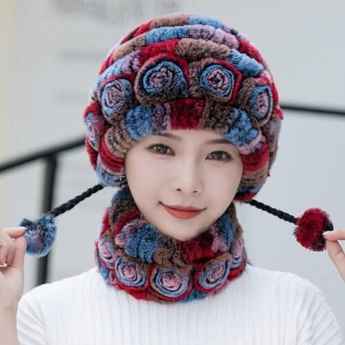 Elegent Women Faux Fur Hat Scarf Set Headgear Fashion Winter Warm Rose Beanies Cap Scarves Russian Female Fur Hats with Ball