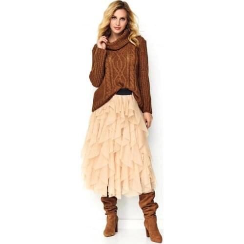 High Street Champagne Ruffles Tiered A-line Mid Calf Tulle Skirts 2020 Elastic Winter Tulle Skirts Fashion Maxi Skirt