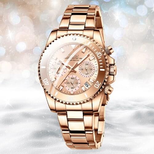 Top Brand BIDEN Women Dress Watches Rose Gold Chronograph Fashion Elegant Business Quartz Lady Wristwatch Stainless Steel Clock