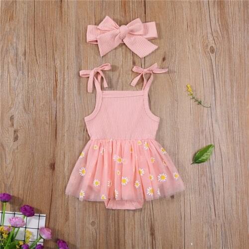 Lovely Toddler Baby Girls Romper Dress Flower Print Sleveless Bow Lace Tutu Jumpsuits Dress Headband Party Outfits 0-18M