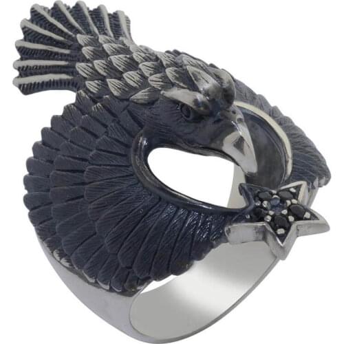 3D Hawk 925 Sterling Silver Mens Ring with Mini Black Stones Animal Bird Ring Silver Exclusive Ring for Men Silver ring