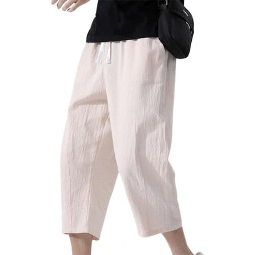 Fashion Mens Sports Pants Solid Color Drawstring Wide-Legged Skinny Men Pants Sports Cotton Linen Calf Length Pants