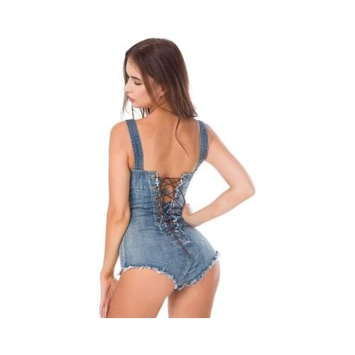 Fashion Women Jeans Bodysuit Sleeveless Turn Down Collar Denim Playsuits Cotton Short Jeans Rompers Womens Jumpsuit