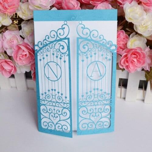 MR008 High Quality 230g Lake Blue Goffered Paper Customizable Letters Door Carved Pattern Wedding Laser Cut Invitation Card