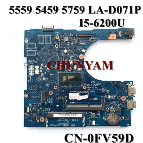 I5-6200U FOR Dell Inspiron 15 5559 5459 5759 Laptop Motherboard AAL15 LA-D071P CN-0FV59D FV59D Mainboard 100% tested