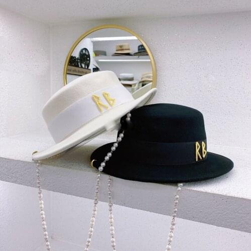 New Winter 100% Wool Felt Top Hat For Women New Flat Top Hat Topper Party Costume Fedora Derby Pearl Chain Hat Sombrero Mujer