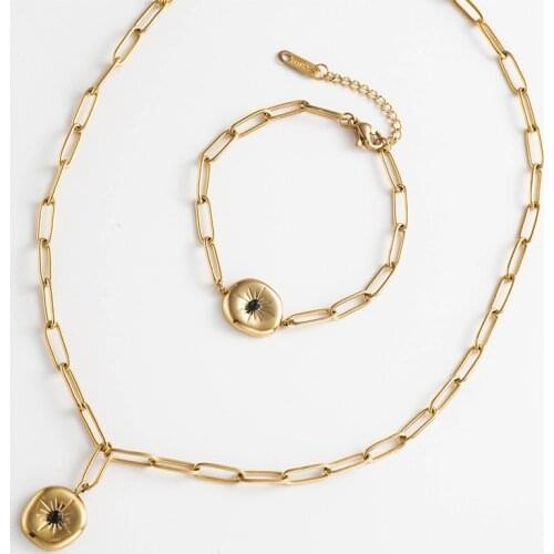 Vintage Stainless Steel Round Pendant Necklaces For Women Acier Inoxydable Thick Chain Collar Necklace Fashion Jewelry 2021 New