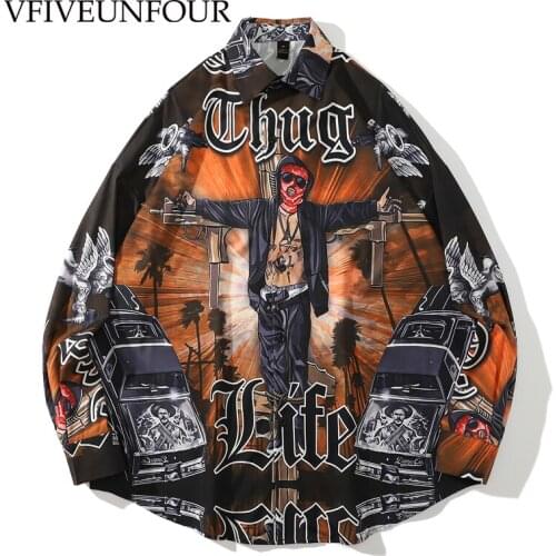 VFIVE UNFOUR Shirts Vintage Punk Rock Gothic Print Long Sleeve Shirt Hip Hop Streetwear Harajuku Fashion Casual Tops