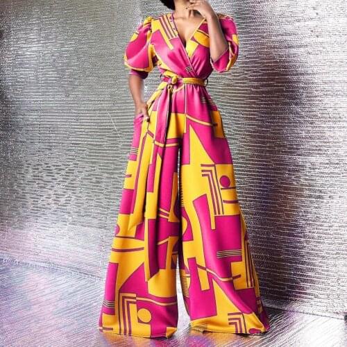 Sexy Fashion Wide Leg Jumpsuit Dashiki African Half Sleeve Slim Body Print Womens Summer New Beachwear Female 2021 New Africa