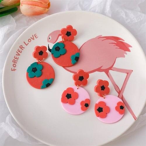 Summer Sweet And Exaggerated Color Matching Flower Earrings Korean Girl Personality Red Pink Three-Dimensional Soft Pottery Ear